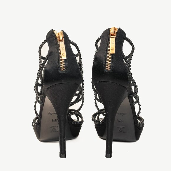 Louis Vuitton Tisha Crystal Studded Black Satin Cage Strap Heel Platform Sandal - Picture 3 of 10